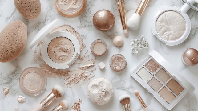 Assorted neutral-toned makeup products and brushes neatly arranged on a marble surface, showcasing a variety of textures and shades.