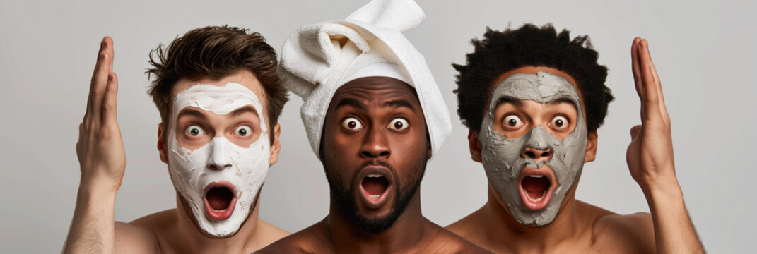 Surprised multicultural men with facial masks enjoying spa day - self care for every man