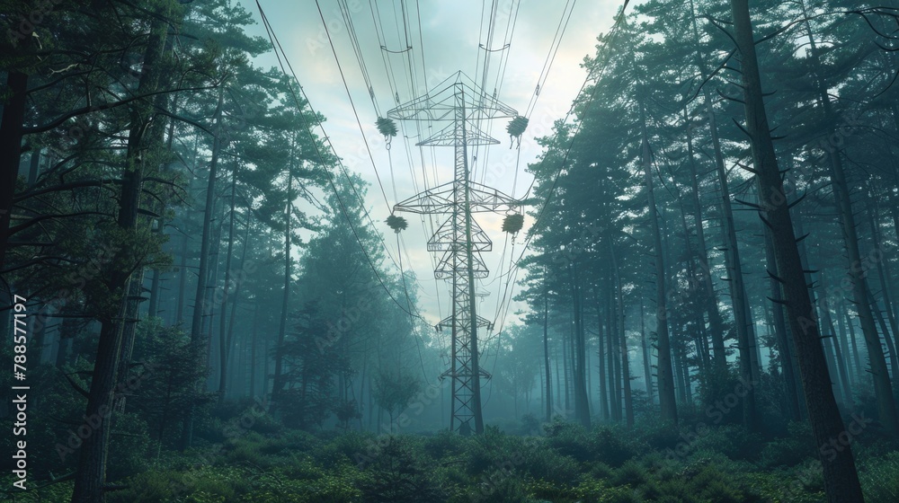 Poster A power line running through a dense forest. Suitable for nature and infrastructure concepts