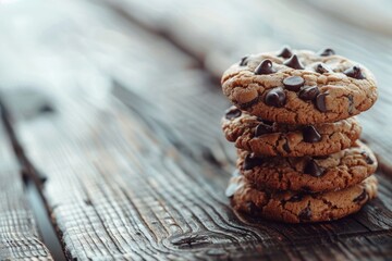 Fototapeta premium Delicious chocolate chip cookies on a rustic wooden table. Perfect for food blogs or bakery advertisements