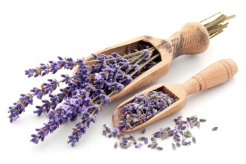 Wooden spoons filled with lavender flowers, perfect for aromatherapy concepts - obrazy, fototapety, plakaty