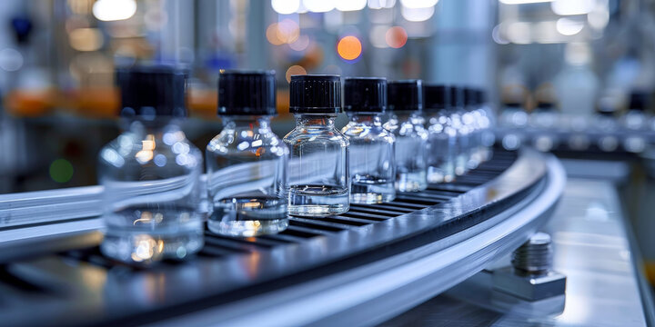 liquid vials in  glass bottles on the production line in pharmaceutical factory	

