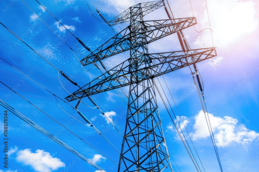 Poster image of a high voltage power line against a clear blue sky. suitable for illustrating energy infras