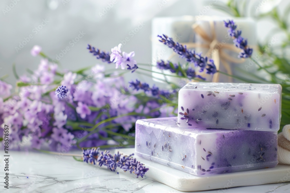 Aufkleber two soap bars displayed on a table, suitable for hygiene and cleanliness concepts