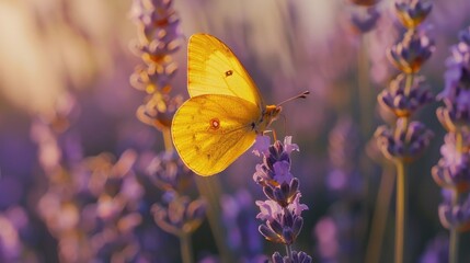Beautiful yellow butterfly perched on vibrant purple flower, perfect for nature and spring themes