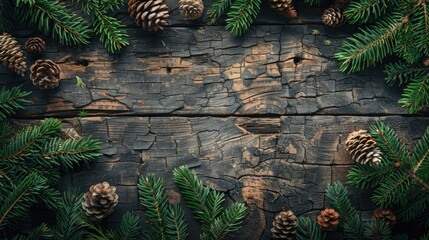 Pine cones and fir branches on a rustic wooden surface, ideal for holiday themed designs - Powered by Adobe