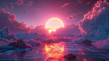 Obraz premium 80s neon grid landscape, cyber world adventure