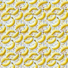 rainbow sprinkles on a white icing background with bananas spread around, repeatable seamless background tile
