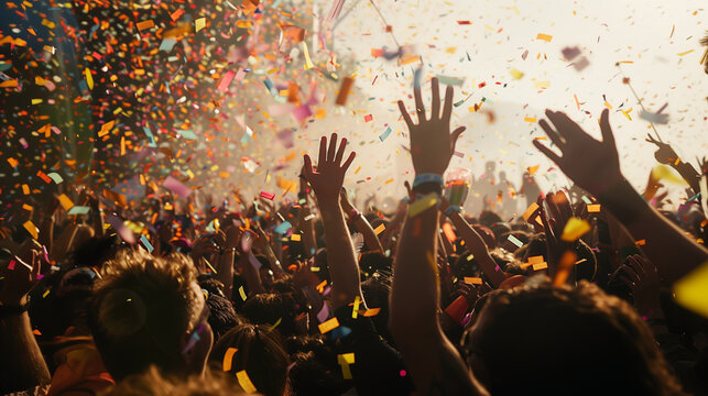 A crowd with raised hands amidst confetti at a concert.