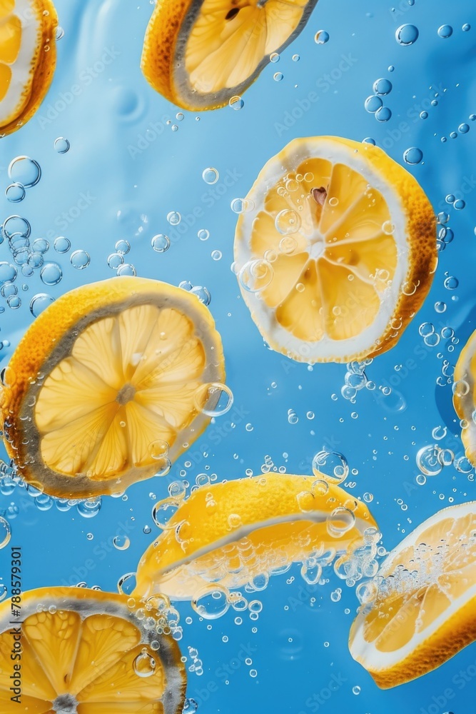Aufkleber fresh lemon slices floating in clear water, suitable for food and beverage concepts