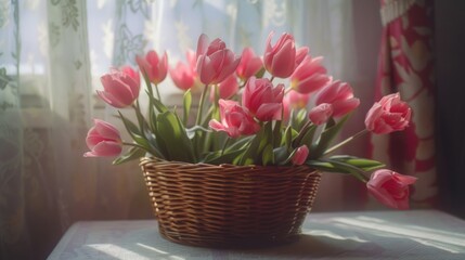 Pink tulips in a basket on a table, perfect for home decor