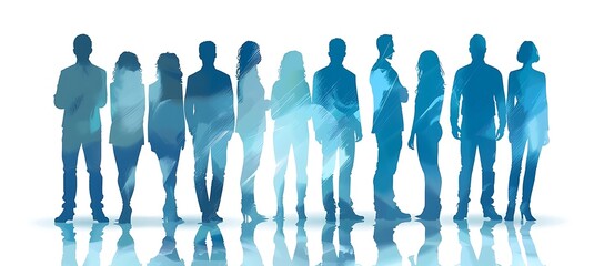 A group of people stand together in a vector illustration with a blue and white color scheme against a transparent background