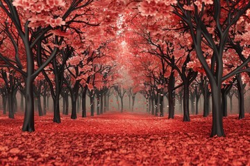 A stunning image of a red forest with dense trees. Perfect for nature-themed designs