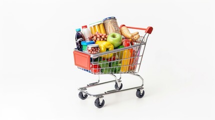 A shopping cart filled with a variety of food and drinks. Suitable for illustrating grocery shopping concepts