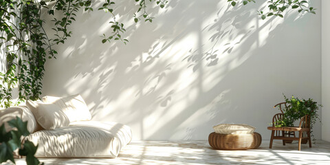 empty white room with soft light and shadow plant leaf on empty White wall background