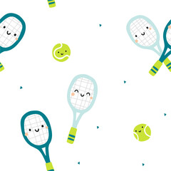 Cute tennis rackets and balls. Seamless pattern. White background. 
