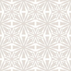 Subtle vector ornamental geometric seamless pattern. Beige and white geometrical floral abstract background. Simple texture with flower silhouettes, lattice. Repeated geo design for decor, textile