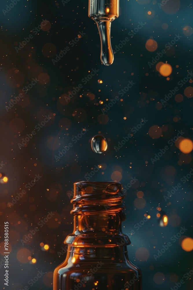 Poster a close-up shot of a liquid drop falling from a bottle. perfect for product advertisements