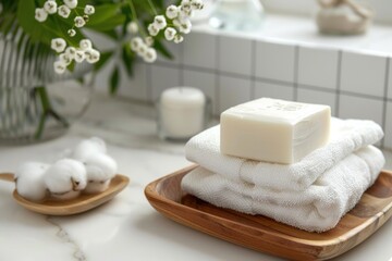 Fototapeta na wymiar Stack of white towels on a wooden tray. Ideal for spa or hotel concept