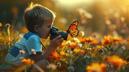 Young boy photographing a butterfly, perfect for educational materials