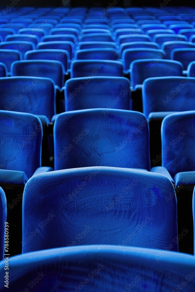 Poster rows of blue seats in an empty theater. great for theater or event promotion