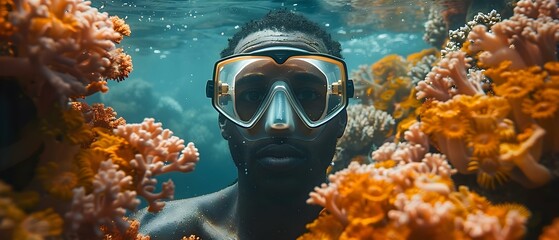 Underwater Gaze: Coral Embrace and the Observer. Concept Underwater Gaze, Coral Embrace, Observer - obrazy, fototapety, plakaty