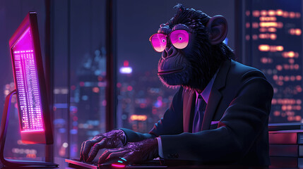 2D Illustration of NFT Crypto Monkey in Business in front of laptop wallpaper for web banner