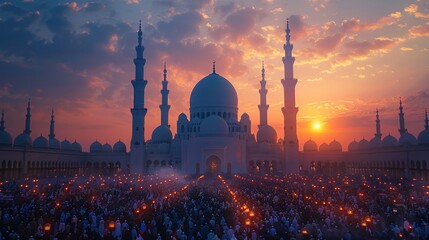 the Arab mosque in the evening lights. Eid al-adha. The Feast of Sacrifice - obrazy, fototapety, plakaty