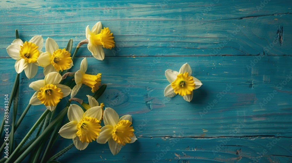 Poster colorful flowers arranged on a vibrant blue table, perfect for adding a pop of color to any design p