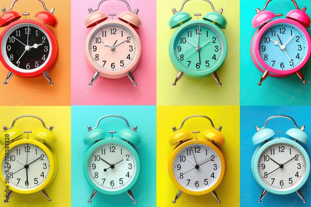 Aufkleber four different colored alarm clocks on a vibrant background. perfect for time management concepts