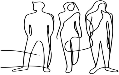 line drawing of three standing models. Man and woman poses in style with each other, Vector illustration