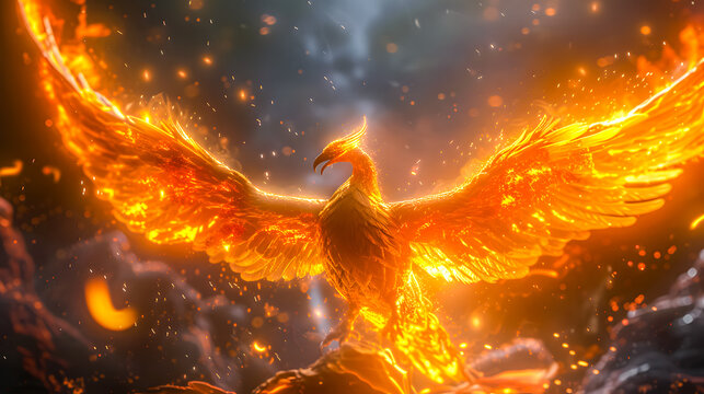background of a burning phoenix bird flying in a sky full of clouds and lightning striking. 3D rendering. Phoenix Lightning fire wallpaper