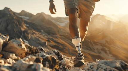 Man with prosthetic legs, an athlete runner runs along rocky path in mountainous area, close-up of man's legs. Active lifestyle concept with disability, movement and persistence, adventure and travel