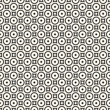 Simple vector geometric seamless texture. Abstract minimalist pattern with small curved shapes, squares, circles, rhombuses, grid, repeat tiles. Black and white background. Repeated design element