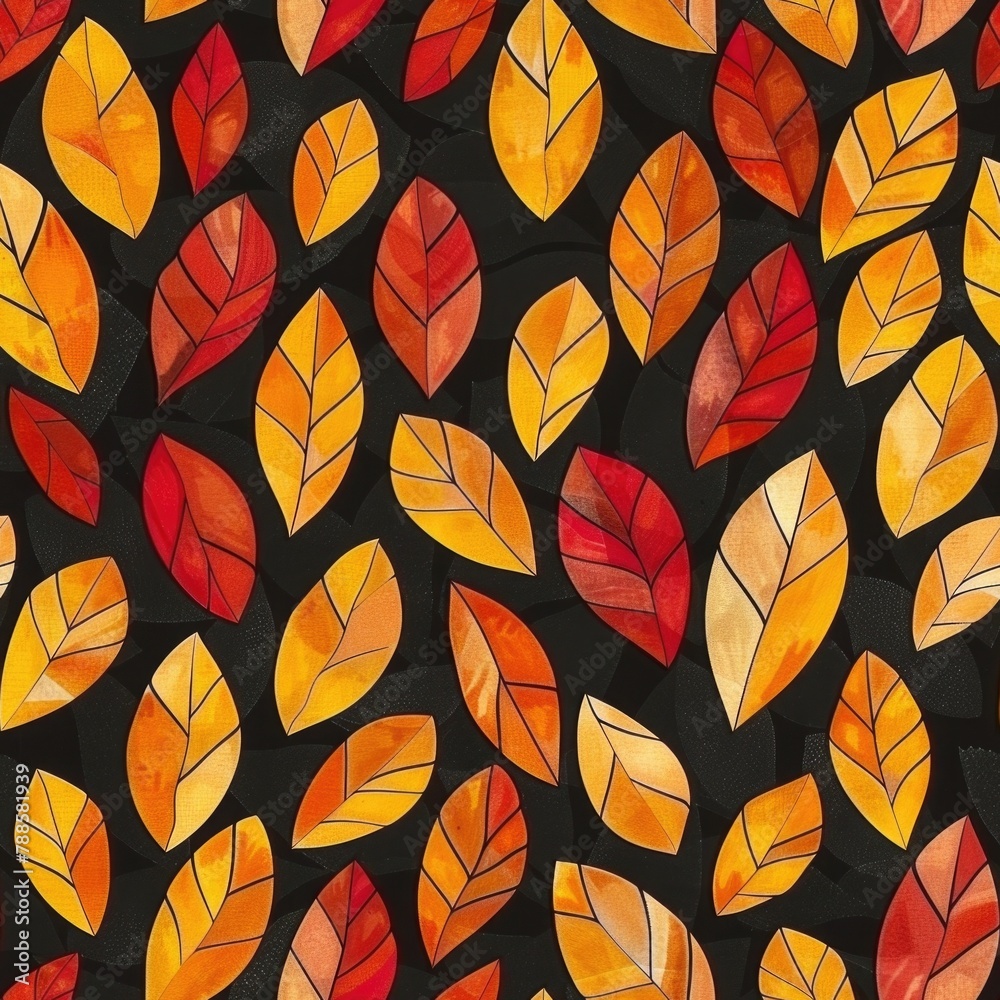 Poster vibrant orange and yellow leaves creating a striking pattern on a dark backdrop. perfect for seasona