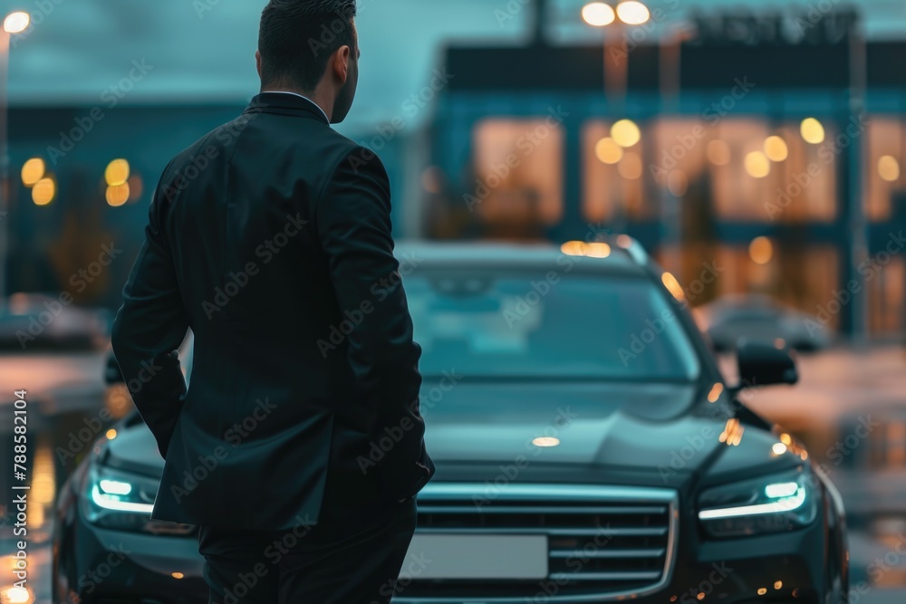 Poster a man in a suit standing in front of a car. suitable for business concept