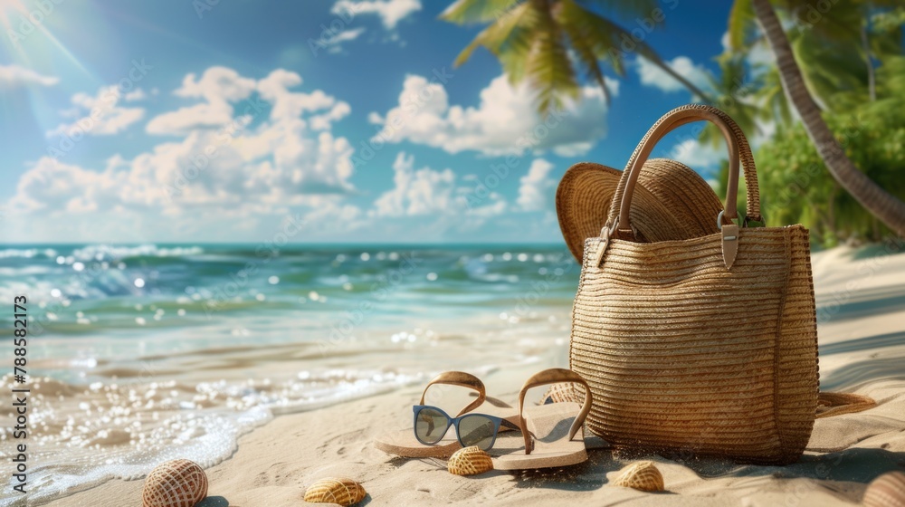 Canvas Prints A beach scene with a straw bag, sunglasses, and seashells. Perfect for summer vacation concepts