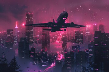 Incorporate a blend of photorealism and glitch art to illustrate a surreal landscape of levitating aircrafts and neon-lit skyscrapers