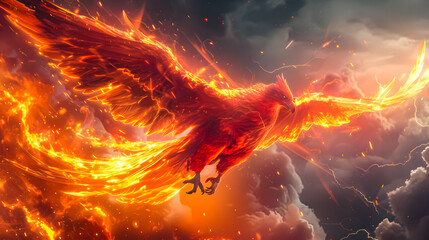 background of a burning phoenix bird flying in a sky full of clouds and lightning striking. 3D rendering. Phoenix Lightning fire wallpaper