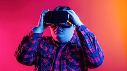 A teenage child wearing virtual glasses is immersed in a virtual reality game, exploring a new gaming world. Children's modern adventure and the latest computer games