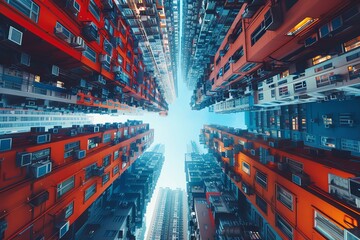 Imagine an innovative fusion of urban exploration and Artificial Intelligence advancements through unexpected camera angles capturing high-rise cityscapes Utilize glitch art digital rendering techniqu