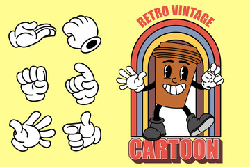 Cartoon abstract stickers. Retro comic character with facial expressions, legs and glows. Running star, walking happy apple, cheerful bulb with face. Vector collection