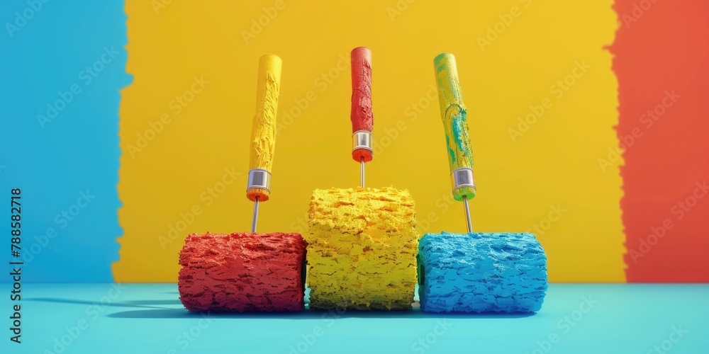 Poster four different colored paint rollers, useful for various painting projects