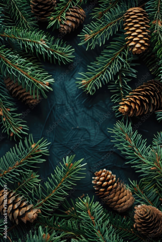 Poster Pine cones resting on a pine tree branch, ideal for nature-themed projects
