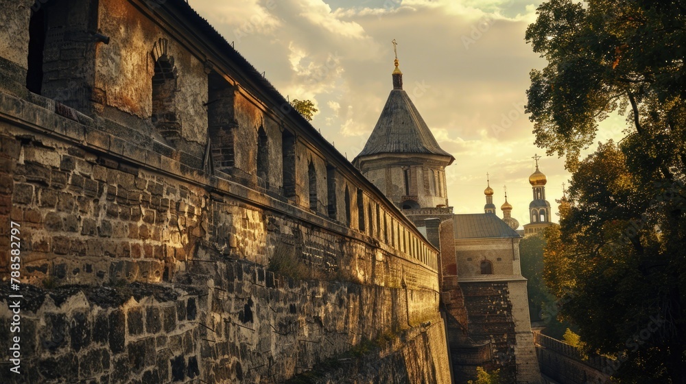 Poster stone wall with clock tower in background. ideal for historical or architectural projects