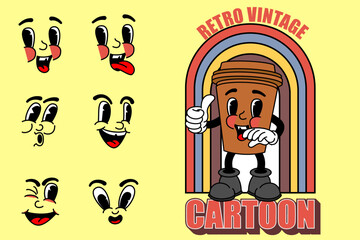 Cartoon abstract stickers. Retro comic character with facial expressions, legs and glows. Running star, walking happy apple, cheerful bulb with face. Vector collection