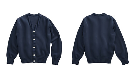 A mock-up front and back view of a navy blue cardigan isolated on a white background