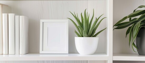 Arrange a white picture frame and an aloe vera plant on a bookshelf or desk, all in white hues.