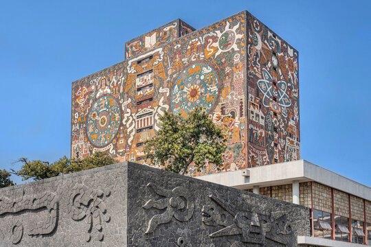Mexico City, Mexico &ndash; 11-26-2022: Iconic building of the Central Library in the National Autonomous University of Mexico, UNAM. 
Immense building considered by UNESCO as a World Heritage Site. 

