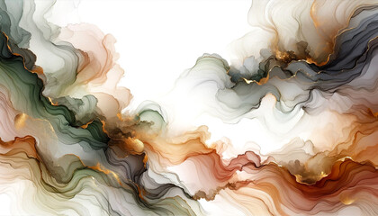 abstract fluid art earth tones and gold accents on a white background, ideal for elegant designs